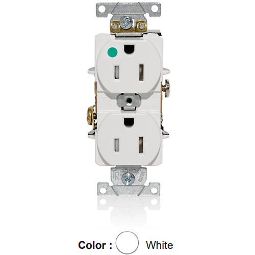Leviton T8200-W, Tamper-Resistant Standard Straight Blade Duplex Receptacle, Heavy-Duty Hospital Grade, Smooth Face, 15A 125V, NEMA 5-15R, 2-Pole, 3-Wire, Back and Side Wire, White