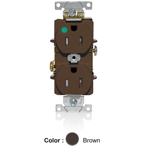 Leviton T8200, Tamper-Resistant Standard Straight Blade Duplex Receptacle, Heavy-Duty Hospital Grade, Smooth Face, 15A 125V, NEMA 5-15R, 2-Pole, 3-Wire, Back and Side Wire, Brown