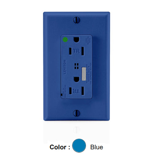 Leviton T8280-B, Decora Plus Surge Protective Duplex Receptacle, Heavy-Duty Hospital Grade, Tamper-Resistant, Audible Alarm, Indicator Light, 15A 125V, NEMA 5-15R, 2-Pole, 3-Wire, Back and Side Wire, Blue