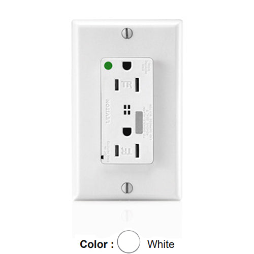 Leviton T8280-W, Decora Plus Surge Protective Duplex Receptacle, Heavy-Duty Hospital Grade, Tamper-Resistant, Audible Alarm, Indicator Light, 15A 125V, NEMA 5-15R, 2-Pole, 3-Wire, Back and Side Wire, White