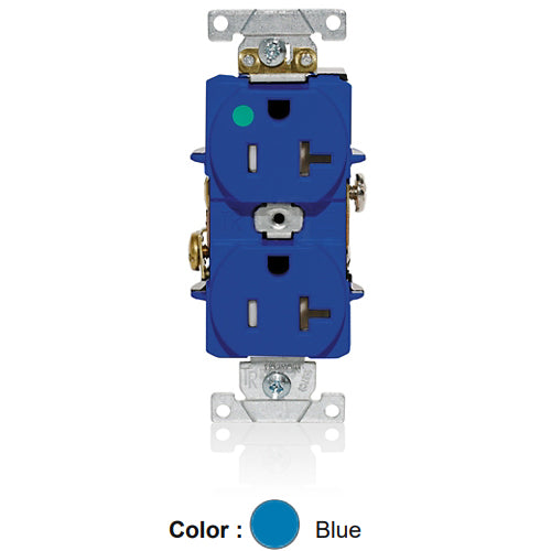 Leviton T8300-BU, Tamper-Resistant Standard Straight Blade Duplex Receptacle, Heavy-Duty Hospital Grade, Smooth Face, 20A 125V, NEMA 5-20R, 2-Pole, 3-Wire, Back and Side Wire, Blue