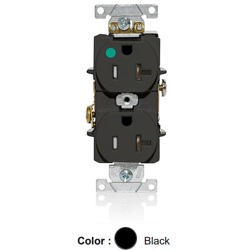 Leviton T8300-E, Tamper-Resistant Standard Straight Blade Duplex Receptacle, Heavy-Duty Hospital Grade, Smooth Face, 20A 125V, NEMA 5-20R, 2-Pole, 3-Wire, Back and Side Wire, Black