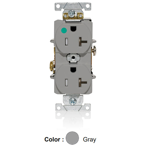 Leviton T8300-GY, Tamper-Resistant Standard Straight Blade Duplex Receptacle, Heavy-Duty Hospital Grade, Smooth Face, 20A 125V, NEMA 5-20R, 2-Pole, 3-Wire, Back and Side Wire, Gray
