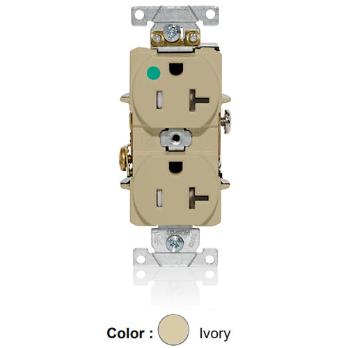 Leviton T8300-I, Tamper-Resistant Standard Straight Blade Duplex Receptacle, Heavy-Duty Hospital Grade, Smooth Face, 20A 125V, NEMA 5-20R, 2-Pole, 3-Wire, Back and Side Wire, Ivory