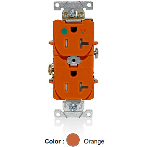 Leviton T8300-IG, Tamper-Resistant Standard Straight Blade Duplex Receptacle, Heavy-Duty Hospital Grade, Smooth Face, Isolated Ground, 20A 125V, NEMA 5-20R, 2-Pole, 3-Wire, Back and Side Wire, Orange
