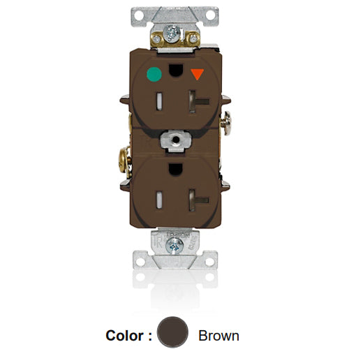 Leviton T8300-IGB, Tamper-Resistant Standard Straight Blade Duplex Receptacle, Heavy-Duty Hospital Grade, Smooth Face, Isolated Ground, 20A 125V, NEMA 5-20R, 2-Pole, 3-Wire, Back and Side Wire, Brown