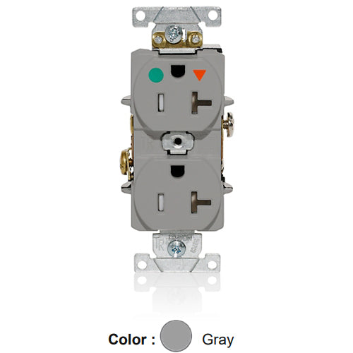 Leviton T8300-IGG, Tamper-Resistant Standard Straight Blade Duplex Receptacle, Heavy-Duty Hospital Grade, Smooth Face, Isolated Ground, 20A 125V, NEMA 5-20R, 2-Pole, 3-Wire, Back and Side Wire, Gray
