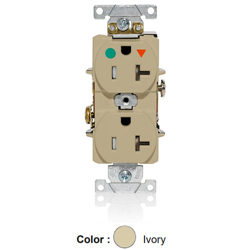Leviton T8300-IGI, Tamper-Resistant Standard Straight Blade Duplex Receptacle, Heavy-Duty Hospital Grade, Smooth Face, Isolated Ground, 20A 125V, NEMA 5-20R, 2-Pole, 3-Wire, Back and Side Wire, Ivory