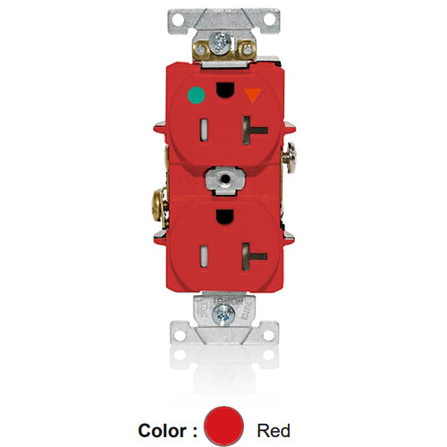 Leviton T8300-IGR, Tamper-Resistant Standard Straight Blade Duplex Receptacle, Heavy-Duty Hospital Grade, Smooth Face, Isolated Ground, 20A 125V, NEMA 5-20R, 2-Pole, 3-Wire, Back and Side Wire, Red
