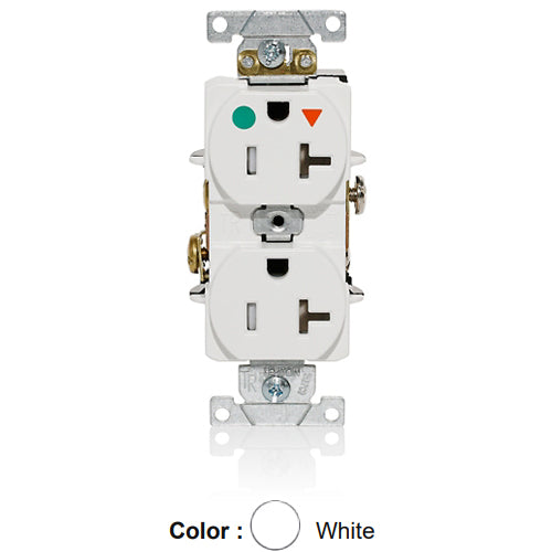 Leviton T8300-IGW, Tamper-Resistant Standard Straight Blade Duplex Receptacle, Heavy-Duty Hospital Grade, Smooth Face, Isolated Ground, 20A 125V, NEMA 5-20R, 2-Pole, 3-Wire, Back and Side Wire, White