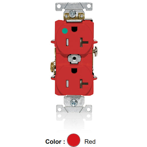 Leviton T8300-R, Tamper-Resistant Standard Straight Blade Duplex Receptacle, Heavy-Duty Hospital Grade, Smooth Face, 20A 125V, NEMA 5-20R, 2-Pole, 3-Wire, Back and Side Wire, Red