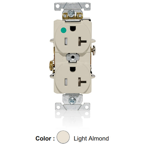 Leviton T8300-T, Tamper-Resistant Standard Straight Blade Duplex Receptacle, Heavy-Duty Hospital Grade, Smooth Face, 20A 125V, NEMA 5-20R, 2-Pole, 3-Wire, Back and Side Wire, Light Almond