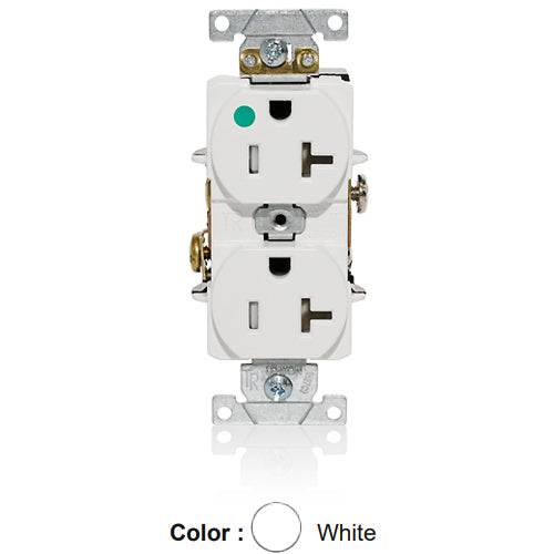 Leviton T8300-W, Tamper-Resistant Standard Straight Blade Duplex Receptacle, Heavy-Duty Hospital Grade, Smooth Face, 20A 125V, NEMA 5-20R, 2-Pole, 3-Wire, Back and Side Wire, White