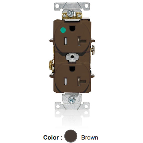 Leviton T8300, Tamper-Resistant Standard Straight Blade Duplex Receptacle, Heavy-Duty Hospital Grade, Smooth Face, 20A 125V, NEMA 5-20R, 2-Pole, 3-Wire, Back and Side Wire, Brown