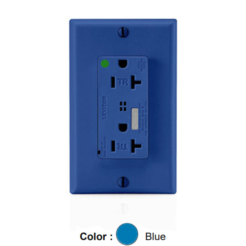 Leviton T8380-B, Decora Plus Surge Protective Duplex Receptacle, Heavy-Duty Hospital Grade, Tamper-Resistant, Audible Alarm, Indicator Light, 20A 125V, NEMA 5-20R, 2-Pole, 3-Wire, Back and Side Wire, Blue
