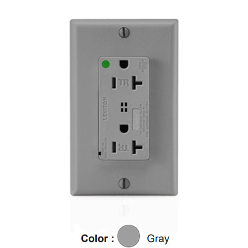 Leviton T8380-GY, Decora Plus Surge Protective Duplex Receptacle, Heavy-Duty Hospital Grade, Tamper-Resistant, Audible Alarm, Indicator Light, 20A 125V, NEMA 5-20R, 2-Pole, 3-Wire, Back and Side Wire, Gray