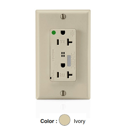 Leviton T8380-I, Decora Plus Surge Protective Duplex Receptacle, Heavy-Duty Hospital Grade, Tamper-Resistant, Audible Alarm, Indicator Light, 20A 125V, NEMA 5-20R, 2-Pole, 3-Wire, Back and Side Wire, Ivory
