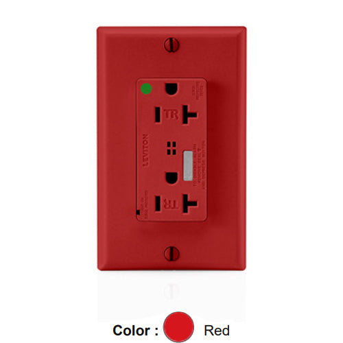 Leviton T8380-R, Decora Plus Surge Protective Duplex Receptacle, Heavy-Duty Hospital Grade, Tamper-Resistant, Audible Alarm, Indicator Light, 20A 125V, NEMA 5-20R, 2-Pole, 3-Wire, Back and Side Wire, Red