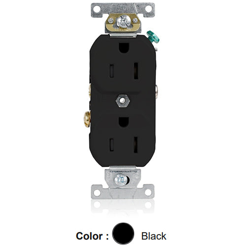 Leviton TBR15-E, Tamper-Resistant Standard Straight Blade Duplex Receptacle, Commercial Specification Grade, Smooth Face, 15A 125V, NEMA 5-15R, 2-Pole, 3-Wire, Self-Grounding, Back and Side Wire, Black