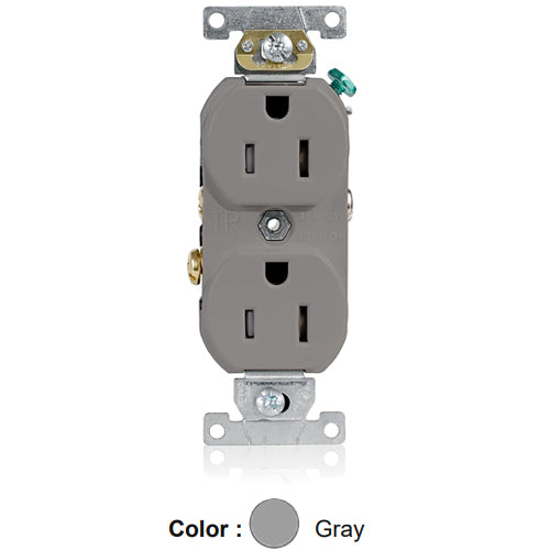 Leviton TBR15-GY, Tamper-Resistant Standard Straight Blade Duplex Receptacle, Commercial Specification Grade, Smooth Face, 15A 125V, NEMA 5-15R, 2-Pole, 3-Wire, Self-Grounding, Back and Side Wire, Gray