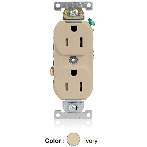 Leviton TBR15-I, Tamper-Resistant Standard Straight Blade Duplex Receptacle, Commercial Specification Grade, Smooth Face, 15A 125V, NEMA 5-15R, 2-Pole, 3-Wire, Self-Grounding, Back and Side Wire, Ivory