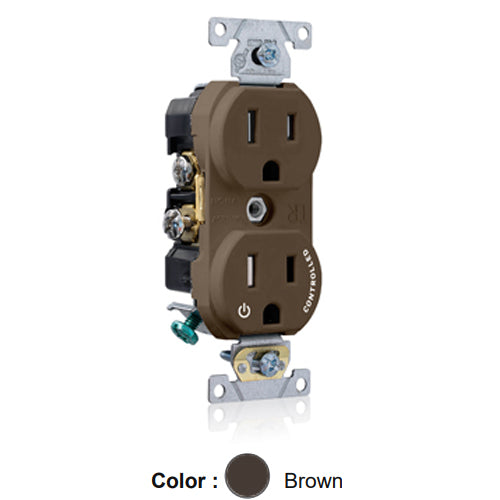 Leviton TBR15-S1, Tamper-Resistant Standard Straight Blade Duplex Receptacle, Commercial Specification Grade, Split-Circuit, One Outlet Marked ''Controlled'', Smooth Face, 15A 125V, NEMA 5-15R, 2-Pole, 3-Wire, Back and Side Wired, Brown