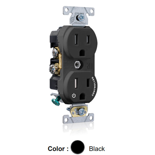 Leviton TBR15-S1E, Tamper-Resistant Standard Straight Blade Duplex Receptacle, Commercial Specification Grade, Split-Circuit, One Outlet Marked ''Controlled'', Smooth Face, 15A 125V, NEMA 5-15R, 2-Pole, 3-Wire, Back and Side Wired, Black