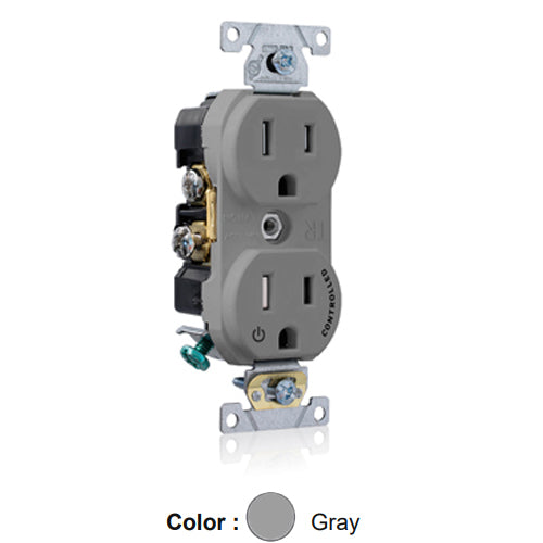 Leviton TBR15-S1G, Tamper-Resistant Standard Straight Blade Duplex Receptacle, Commercial Specification Grade, Split-Circuit, One Outlet Marked ''Controlled'', Smooth Face, 15A 125V, NEMA 5-15R, 2-Pole, 3-Wire, Back and Side Wired, Gray