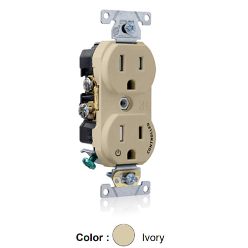 Leviton TBR15-S1I, Tamper-Resistant Standard Straight Blade Duplex Receptacle, Commercial Specification Grade, Split-Circuit, One Outlet Marked ''Controlled'', Smooth Face, 15A 125V, NEMA 5-15R, 2-Pole, 3-Wire, Back and Side Wired, Ivory
