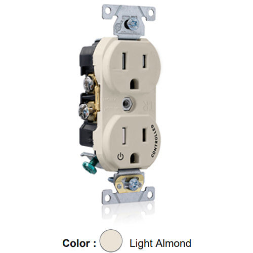 Leviton TBR15-S1T, Tamper-Resistant Standard Straight Blade Duplex Receptacle, Commercial Specification Grade, Split-Circuit, One Outlet Marked ''Controlled'', Smooth Face, 15A 125V, NEMA 5-15R, 2-Pole, 3-Wire, Back and Side Wired, Light Almond