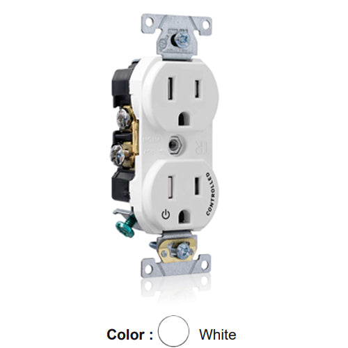 Leviton TBR15-S1W, Tamper-Resistant Standard Straight Blade Duplex Receptacle, Commercial Specification Grade, Split-Circuit, One Outlet Marked ''Controlled'', Smooth Face, 15A 125V, NEMA 5-15R, 2-Pole, 3-Wire, Back and Side Wired, White