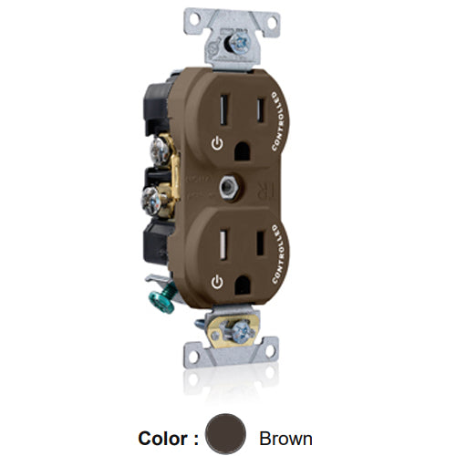Leviton TBR15-S2, Tamper-Resistant Standard Straight Blade Duplex Receptacle, Commercial Specification Grade, Two Outlets Marked ''Controlled'', Smooth Face, 15A 125V, NEMA 5-15R, 2-Pole, 3-Wire, Back and Side Wired, Brown