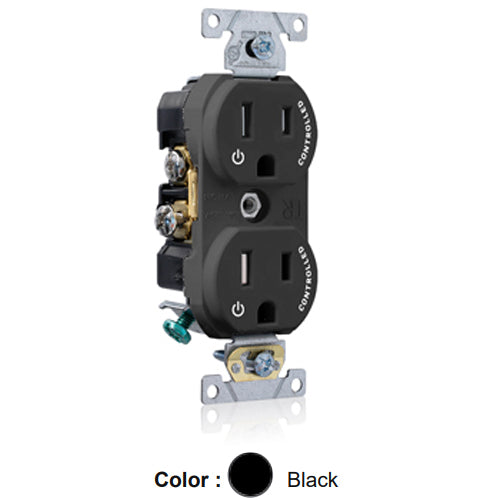 Leviton TBR15-S2E, Tamper-Resistant Standard Straight Blade Duplex Receptacle, Commercial Specification Grade, Two Outlets Marked ''Controlled'', Smooth Face, 15A 125V, NEMA 5-15R, 2-Pole, 3-Wire, Back and Side Wired, Black