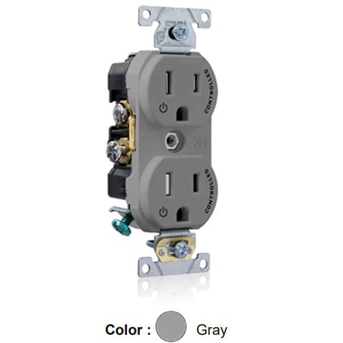 Leviton TBR15-S2G, Tamper-Resistant Standard Straight Blade Duplex Receptacle, Commercial Specification Grade, Two Outlets Marked ''Controlled'', Smooth Face, 15A 125V, NEMA 5-15R, 2-Pole, 3-Wire, Back and Side Wired, Gray