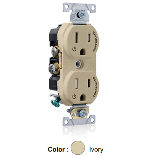 Leviton TBR15-S2I, Tamper-Resistant Standard Straight Blade Duplex Receptacle, Commercial Specification Grade, Two Outlets Marked ''Controlled'', Smooth Face, 15A 125V, NEMA 5-15R, 2-Pole, 3-Wire, Back and Side Wired, Ivory