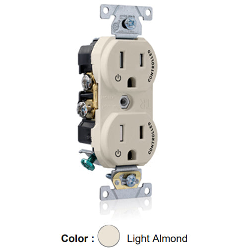 Leviton TBR15-S2T, Tamper-Resistant Standard Straight Blade Duplex Receptacle, Commercial Specification Grade, Two Outlets Marked ''Controlled'', Smooth Face, 15A 125V, NEMA 5-15R, 2-Pole, 3-Wire, Back and Side Wired, Light Almond