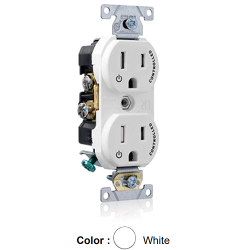 Leviton TBR15-S2W, Tamper-Resistant Standard Straight Blade Duplex Receptacle, Commercial Specification Grade, Two Outlets Marked ''Controlled'', Smooth Face, 15A 125V, NEMA 5-15R, 2-Pole, 3-Wire, Back and Side Wired, White