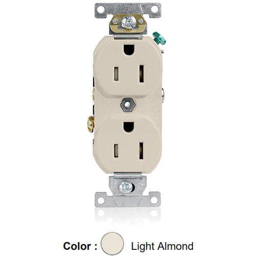 Leviton TBR15-T, Tamper-Resistant Standard Straight Blade Duplex Receptacle, Commercial Specification Grade, Smooth Face, 15A 125V, NEMA 5-15R, 2-Pole, 3-Wire, Self-Grounding, Back and Side Wire, Light Almond