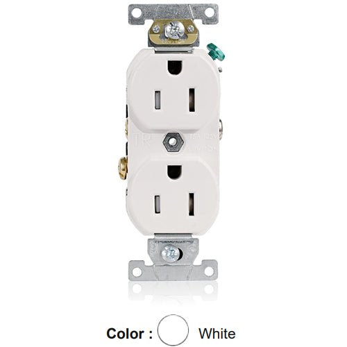 Leviton TBR15-W, Tamper-Resistant Standard Straight Blade Duplex Receptacle, Commercial Specification Grade, Smooth Face, 15A 125V, NEMA 5-15R, 2-Pole, 3-Wire, Self-Grounding, Back and Side Wire, White