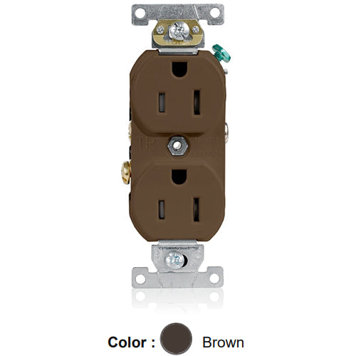 Leviton TBR15, Tamper-Resistant Standard Straight Blade Duplex Receptacle, Commercial Specification Grade, Smooth Face, 15A 125V, NEMA 5-15R, 2-Pole, 3-Wire, Self-Grounding, Back and Side Wire, Brown