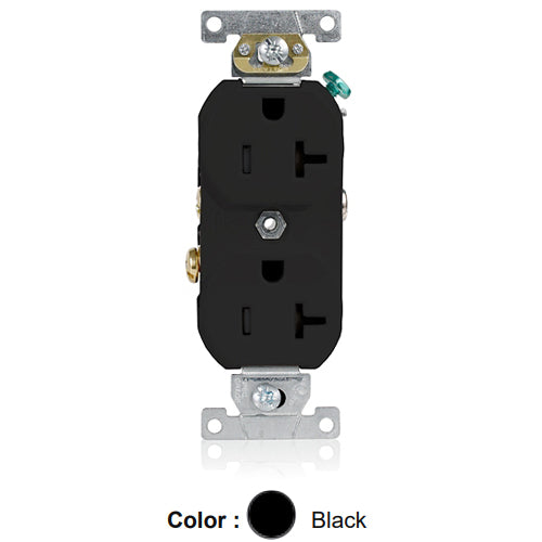 Leviton TBR20-E, Tamper-Resistant Standard Straight Blade Duplex Receptacle, Commercial Specification Grade, Smooth Face, 20A 125V, NEMA 5-20R, 2-Pole, 3-Wire, Self-Grounding, Back and Side Wire, Black