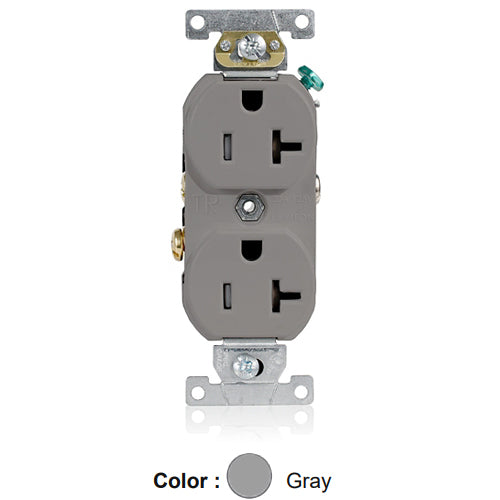 Leviton TBR20-GY, Tamper-Resistant Standard Straight Blade Duplex Receptacle, Commercial Specification Grade, Smooth Face, 20A 125V, NEMA 5-20R, 2-Pole, 3-Wire, Self-Grounding, Back and Side Wire, Gray