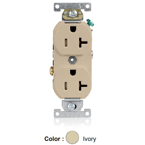Leviton TBR20-I, Tamper-Resistant Standard Straight Blade Duplex Receptacle, Commercial Specification Grade, Smooth Face, 20A 125V, NEMA 5-20R, 2-Pole, 3-Wire, Self-Grounding, Back and Side Wire, Ivory