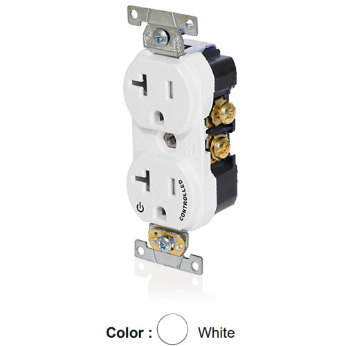 Leviton TBR20-S1W, Tamper-Resistant Standard Straight Blade Duplex Receptacle, Commercial Specification Grade, Split-Circuit, One Outlet Marked ''Controlled'', Smooth Face, 20A 125V, NEMA 5-20R, 2-Pole, 3-Wire, Back and Side Wired, White