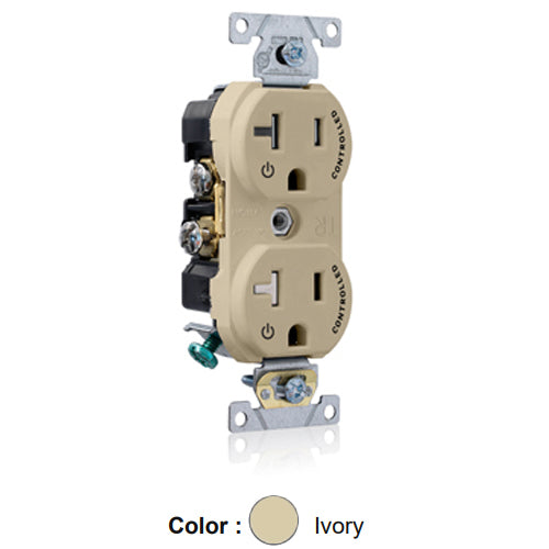 Leviton TBR20-S2I, Tamper-Resistant Standard Straight Blade Duplex Receptacle, Commercial Specification Grade, Two Outlets Marked ''Controlled'', Smooth Face, 20A 125V, NEMA 5-20R, 2-Pole, 3-Wire, Back and Side Wired, Ivory