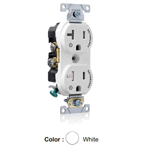 Leviton TBR20-S2W, Tamper-Resistant Standard Straight Blade Duplex Receptacle, Commercial Specification Grade, Two Outlets Marked ''Controlled'', Smooth Face, 20A 125V, NEMA 5-20R, 2-Pole, 3-Wire, Back and Side Wired, White