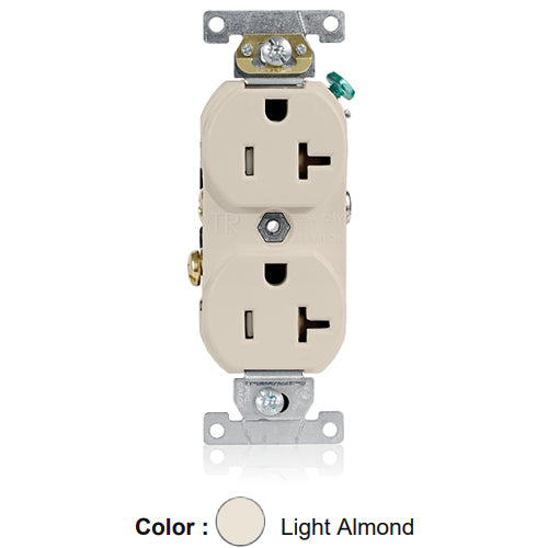 Leviton TBR20-T, Tamper-Resistant Standard Straight Blade Duplex Receptacle, Commercial Specification Grade, Smooth Face, 20A 125V, NEMA 5-20R, 2-Pole, 3-Wire, Self-Grounding, Back and Side Wire, Light Almond
