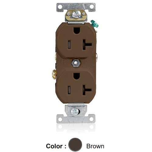 Leviton TBR20, Tamper-Resistant Standard Straight Blade Duplex Receptacle, Commercial Specification Grade, Smooth Face, 20A 125V, NEMA 5-20R, 2-Pole, 3-Wire, Self-Grounding, Back and Side Wire, Brown
