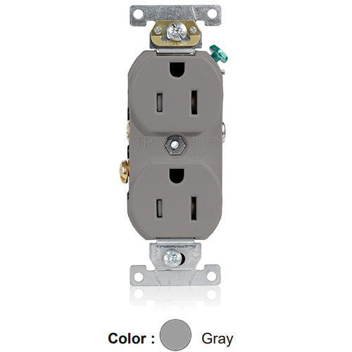 Leviton TCR15-GY, Tamper-Resistant Standard Straight Blade Duplex Receptacle, Commercial Specification Grade, Smooth Face, 15A 125V, NEMA 5-15R, 2-Pole, 3-Wire, Self-Grounding, Side Wire Only, Gray