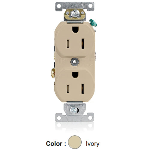 Leviton TCR15-I, Tamper-Resistant Standard Straight Blade Duplex Receptacle, Commercial Specification Grade, Smooth Face, 15A 125V, NEMA 5-15R, 2-Pole, 3-Wire, Self-Grounding, Side Wire Only, Ivory